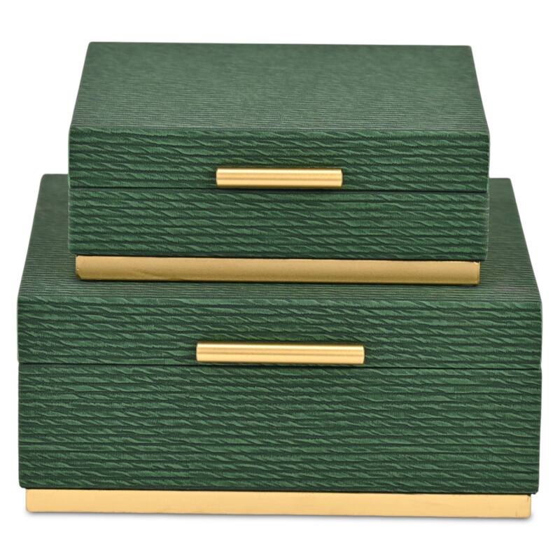 Eira Set of 2 Square Decorative Storage Boxes - Retro Stripe Pattern with Gold Hardware