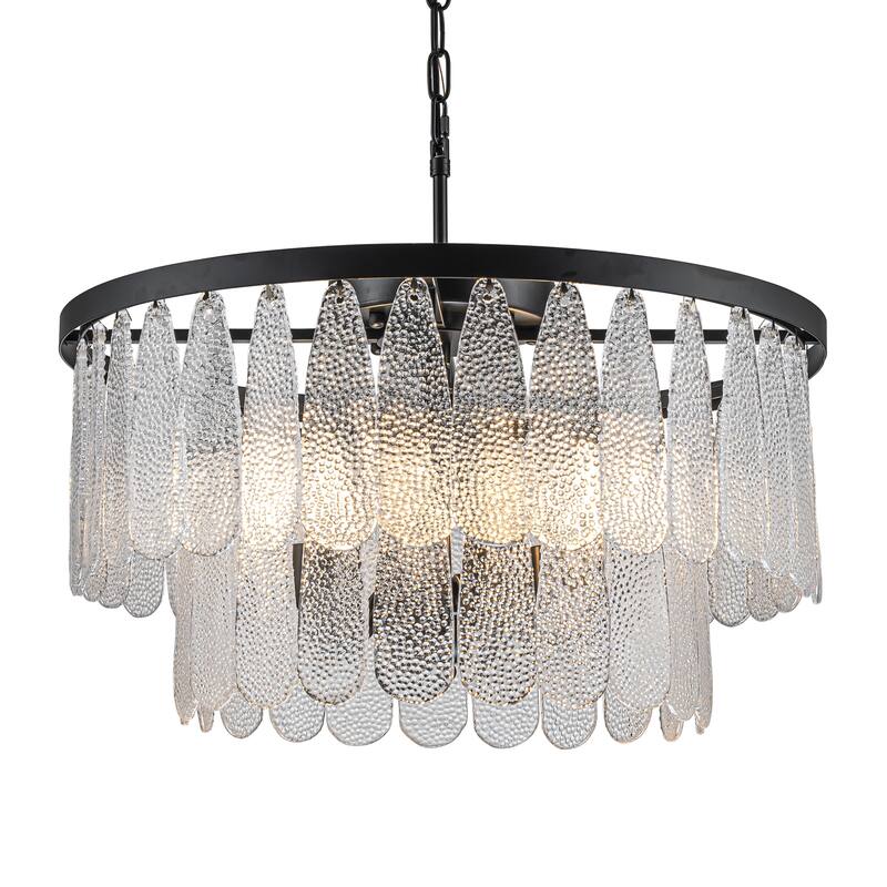 5/6-Light Vintage Textured Glass Chandelier Matte Black Rustic Art Glass Hanging Light