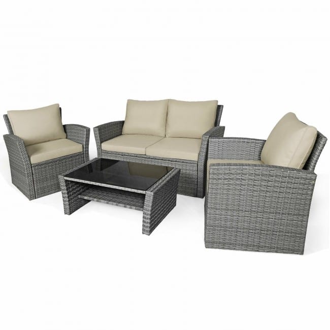 4 Pieces Patio Rattan Furniture Set Sofa Table with Storage Shelf Cushion - 48.5" x 26.5" x 30" (L x W x H)