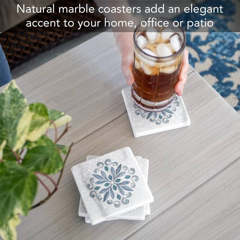 Jeweled Mandala 4 Pack Natural Marble Cork Backed Coasters 4" x 4" x 0.43" Square Manufactured in The USA