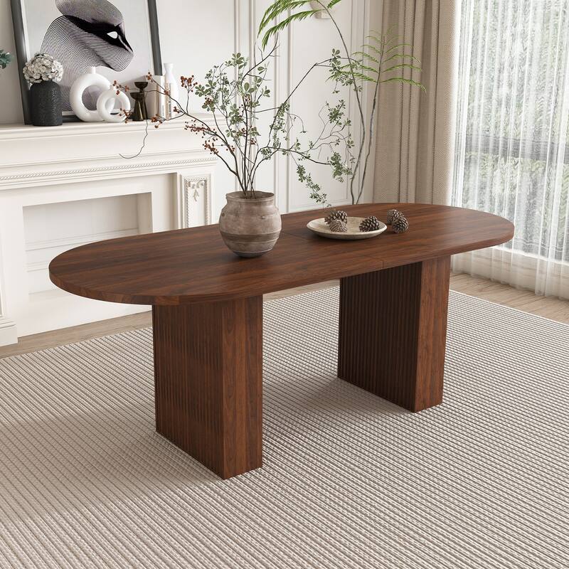 62.9" Oval Dining Table for 6: Farmhouse Kitchen Table with Wood Strip Base, Large Pedestal Dining Room Table