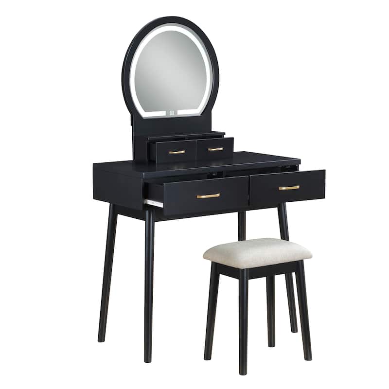 Beautiful Black Finish Vanity Dresser with Mirror and Stool