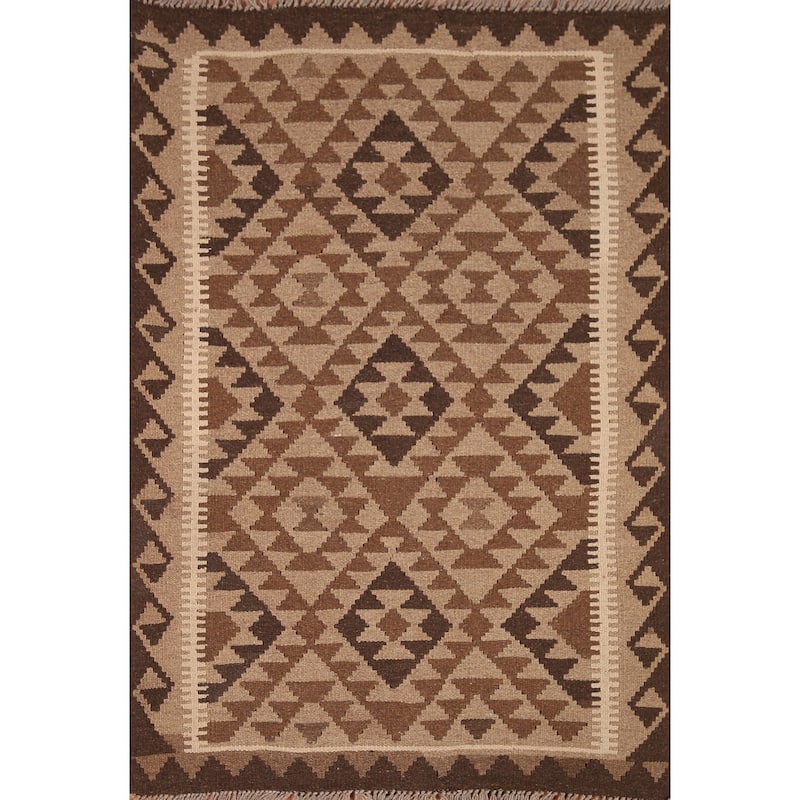Geometric Kilim Oriental Area Rug Hand-woven Wool Carpet - 3'4" x 5'0"
