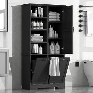 GDFStudio - Elijah Tall Bathroom Cabinet with Tilt-Out Laundry Hampers and Adjustable Shelves