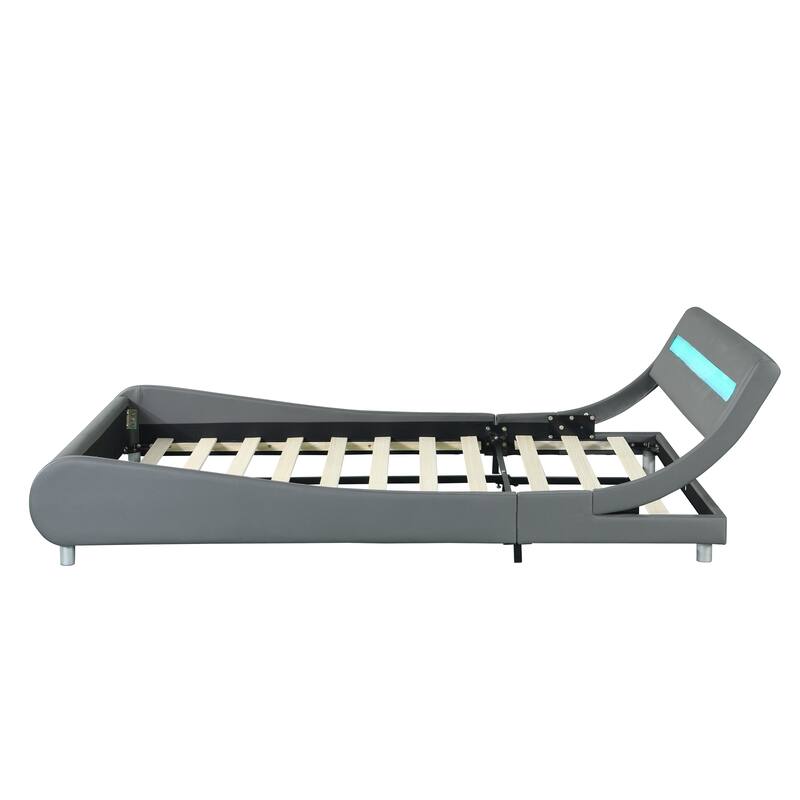 Gray Queen Size Faux Leather Upholstered Platform Bed with LED Lighting and Wood Slat Support