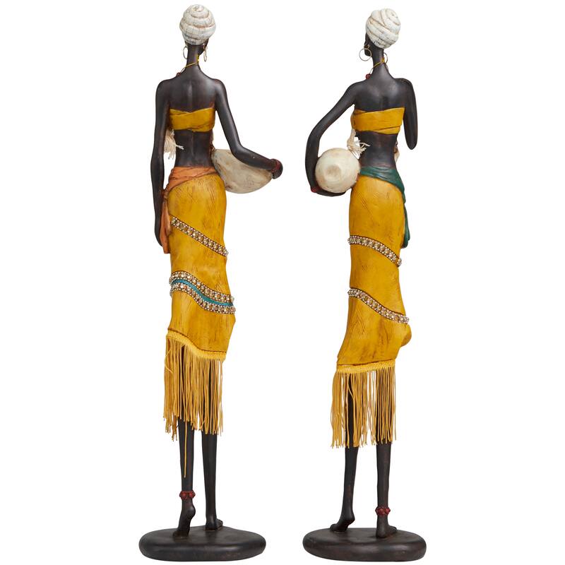 Yellow Polystone Handmade African Woman People Decorative Sculpture with Water Jugs and Jeweled Details (Set of 2)