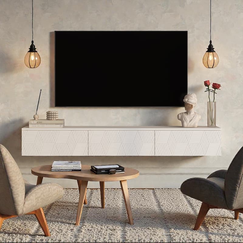 67" Floating TV Stand Wall Mounted with 16 Color LED Lights, Modern TV Cabinet for 55-65 Inch TVs, 100 lb Capacity - White