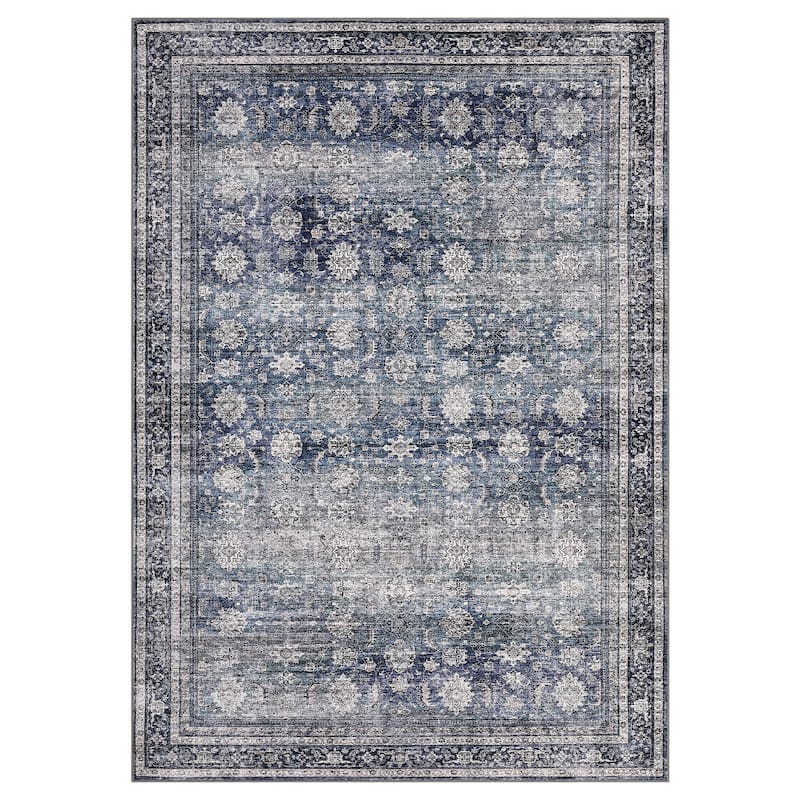 Area Rug Vintage Washable Floral Distressed Living Room Rugs, Soft Low Pile Non-Slip Rugs for Bedroom