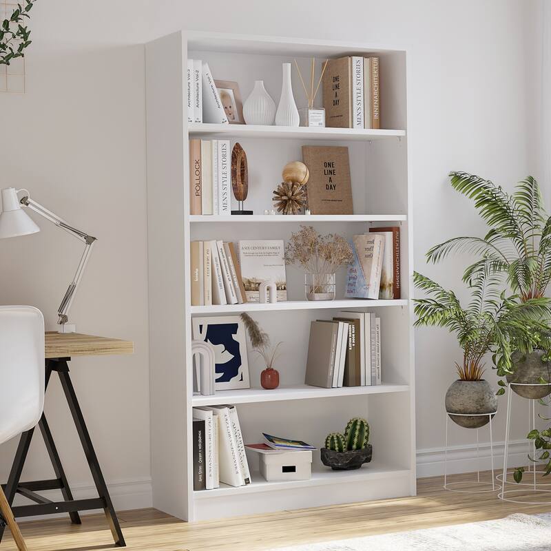 5 Shelf White Bookcase 60 inch Tall Wood Bookshelf for Bedroom - White