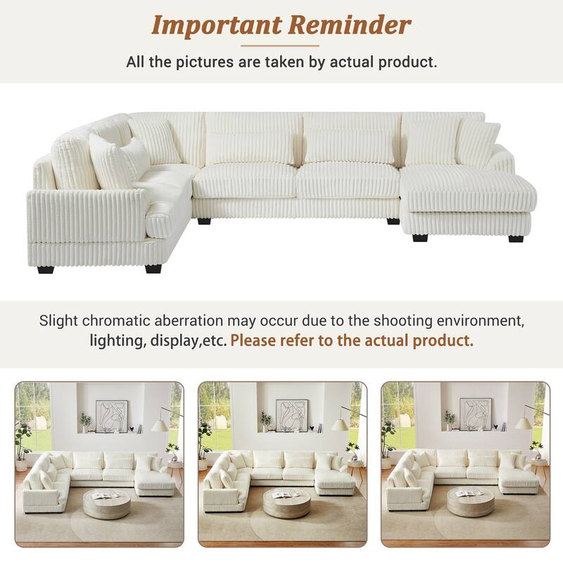 129" Oversized U-Shaped Sectional Sofa with Chaise Lounge, Soft Corduroy Upholstery and Pillows for Living Room