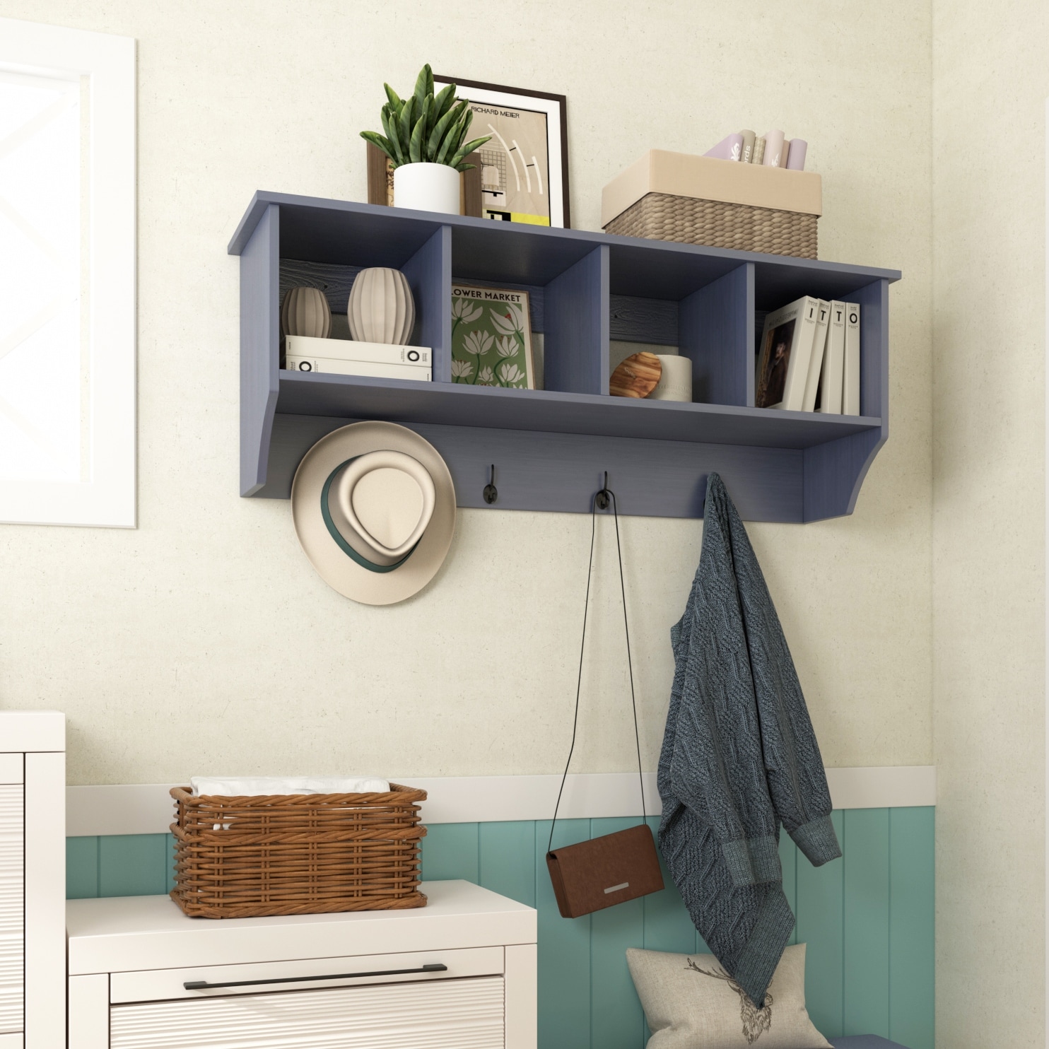 Acroma Farmhouse Rustic Wood Entryway Hook Shelf 44 inches Bed