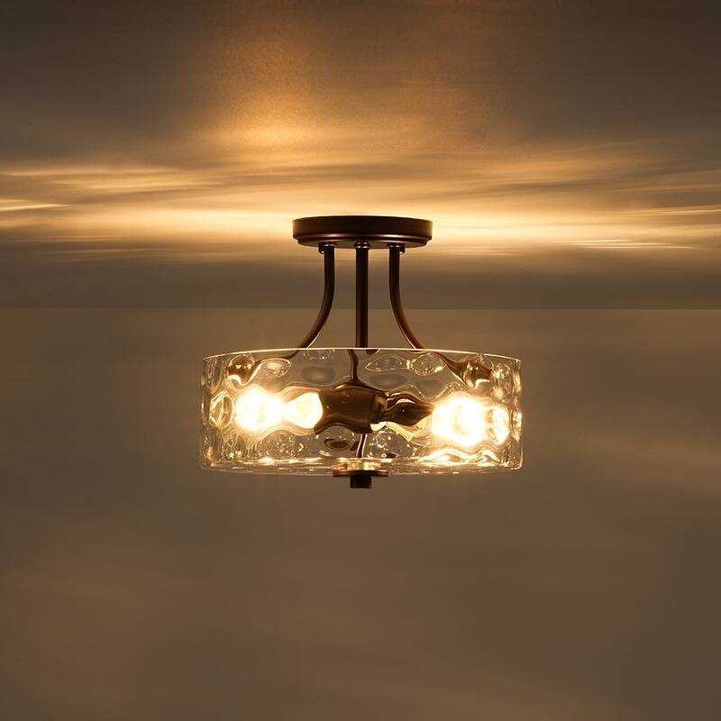 Nickel 2-Light Water Glass Round Semi Flush Ceiling Light - 11.8in