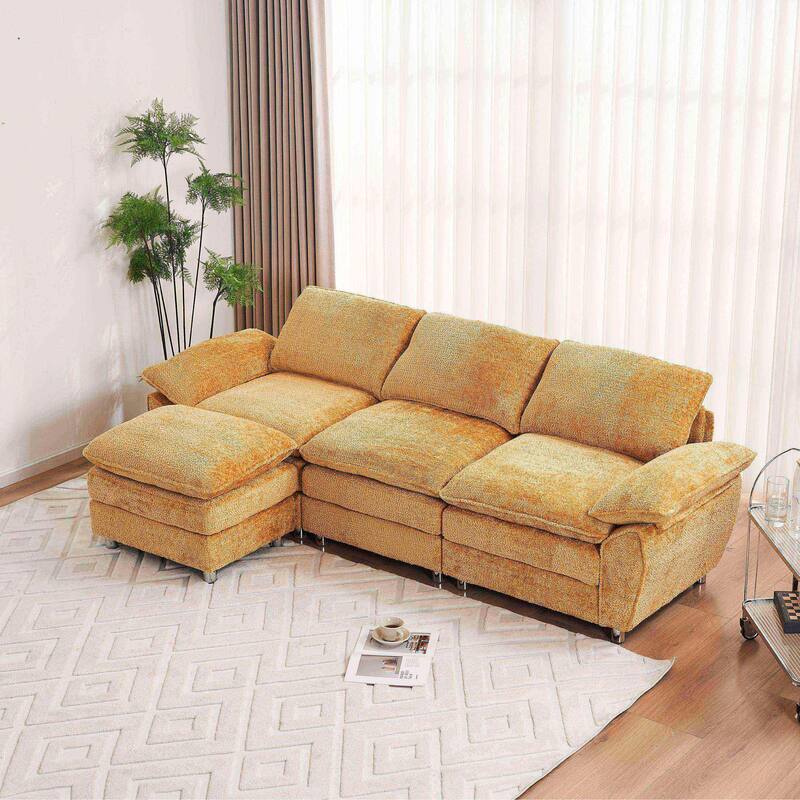 Modern Deep 3 Seat Sofa with Ottoman, Comfy Polyester Upholstered Furniture for Living Room, Studio, Office