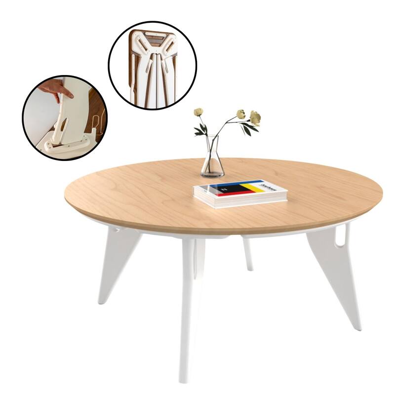 Hoek Round Coffee Table - 34" L x 34" W x 15" H - Birch with White Legs