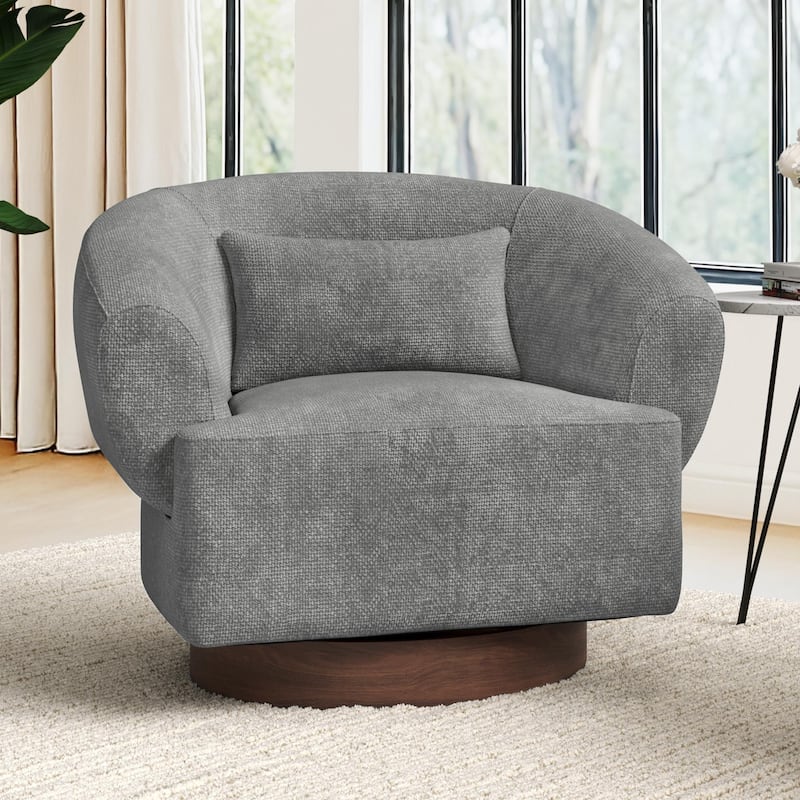 Modern Wooden Swivel Chair with Soft Chenille Barrel Accent Chair Upholstery Armchair Living Room Chairs - Grey - Single