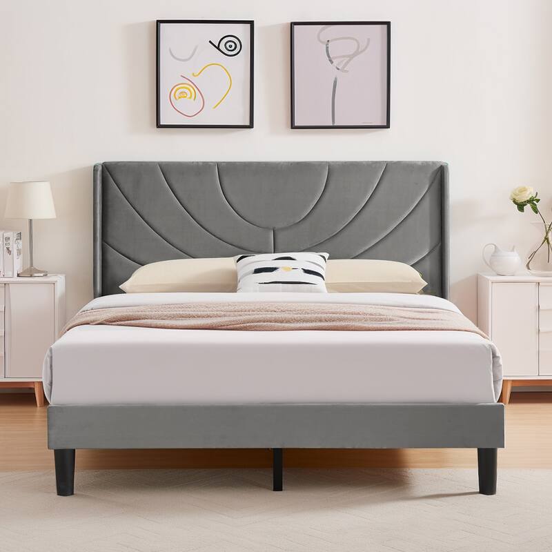 Javlergo Upholstered Platform Bed Frame with Modern Wingback Headboard, Dark Grey - Queen