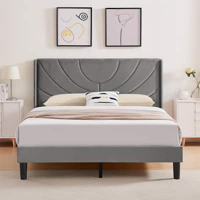 Javlergo Upholstered Platform Bed Frame with Modern Wingback Headboard, Dark Grey