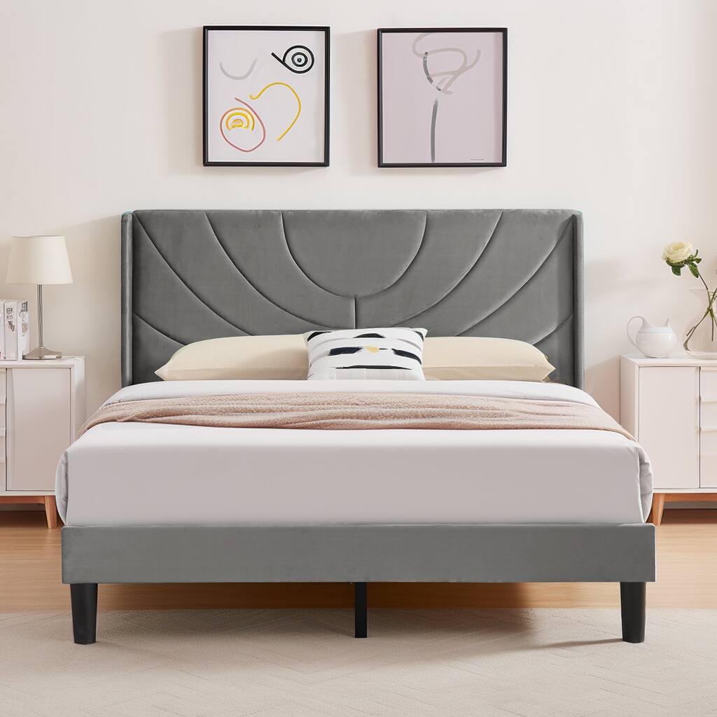 Javlergo Upholstered Platform Bed Frame with Modern Wingback Headboard, Dark Grey
