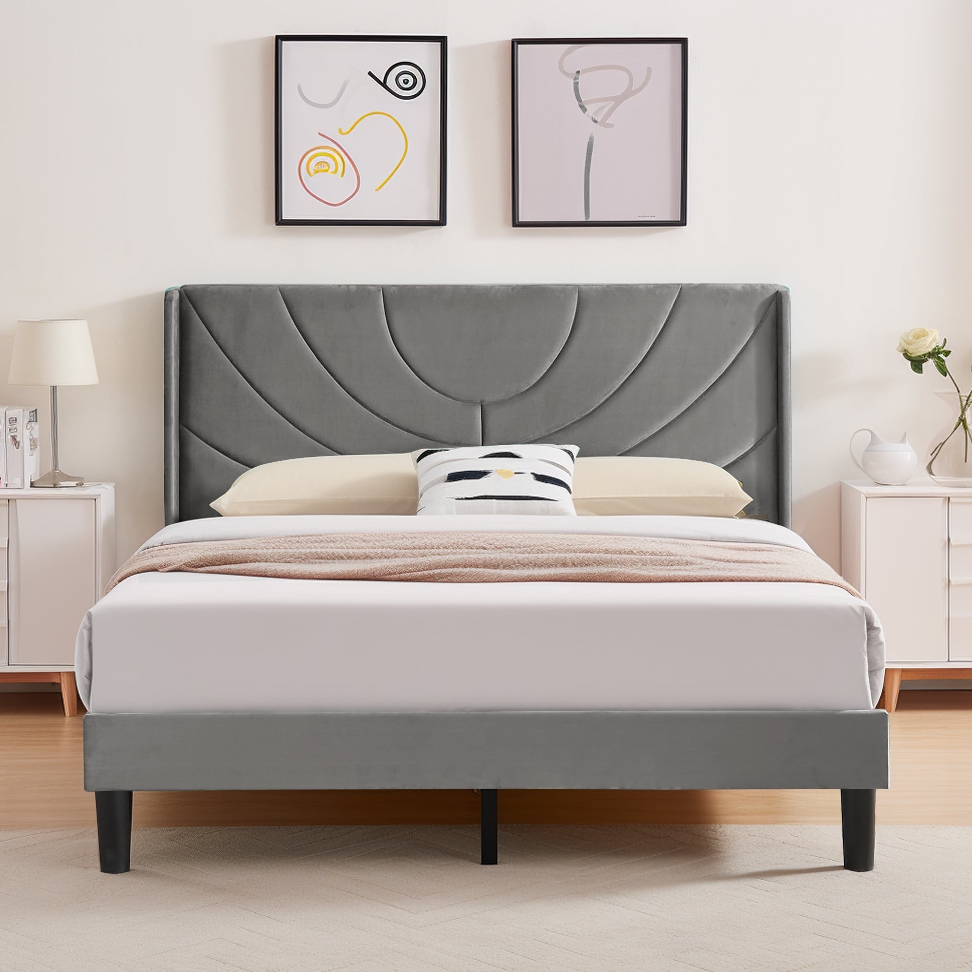 Javlergo Adjustable Dark Grey Platform Bed Frame with Modern Wingback Headboard No Box Spring Needed Heavy Duty Bed Frame