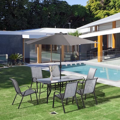 Outsunny 8 Piece Patio Dining Set with 8Ft Patio Table Umbrella with Push Button Tilt and Crank, 6 Chairs and Dining Table