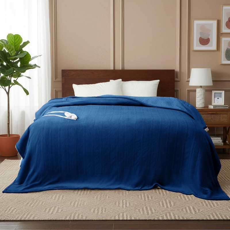 Reversible Flannel and Sherpa Electric Heated Blanket with Adjustable Heat and Auto Shut-Off - Blue-Full - Full