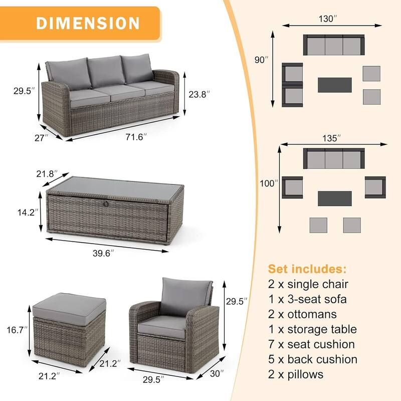 EROMMY 6/7 Piece Modular Outdoor Rattan Sofa Set, All-Weather Wicker Patio Furniture with Storage Table, Cushions & Pillows