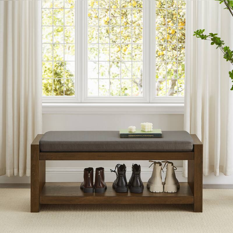 40" Accent Bench with Lower Shelf Shoe Rack, Padded Seating Bench for Living Room, Modern Compact Bed End Bench with Storage