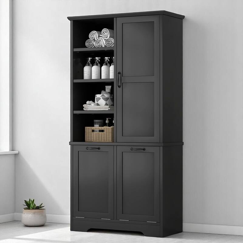 Bathroom Storage Cabinet with Tilt-Out Laundry Hampers, Adjustable Shelves & Door, Freestanding MDF Organizer - Black