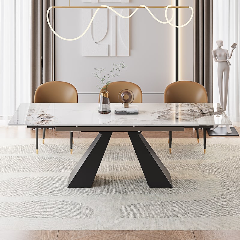 63'' to 94.5” Extendable Dining Table For 8-10 with Sintered Stone Table top and Metal Base - 94.48"