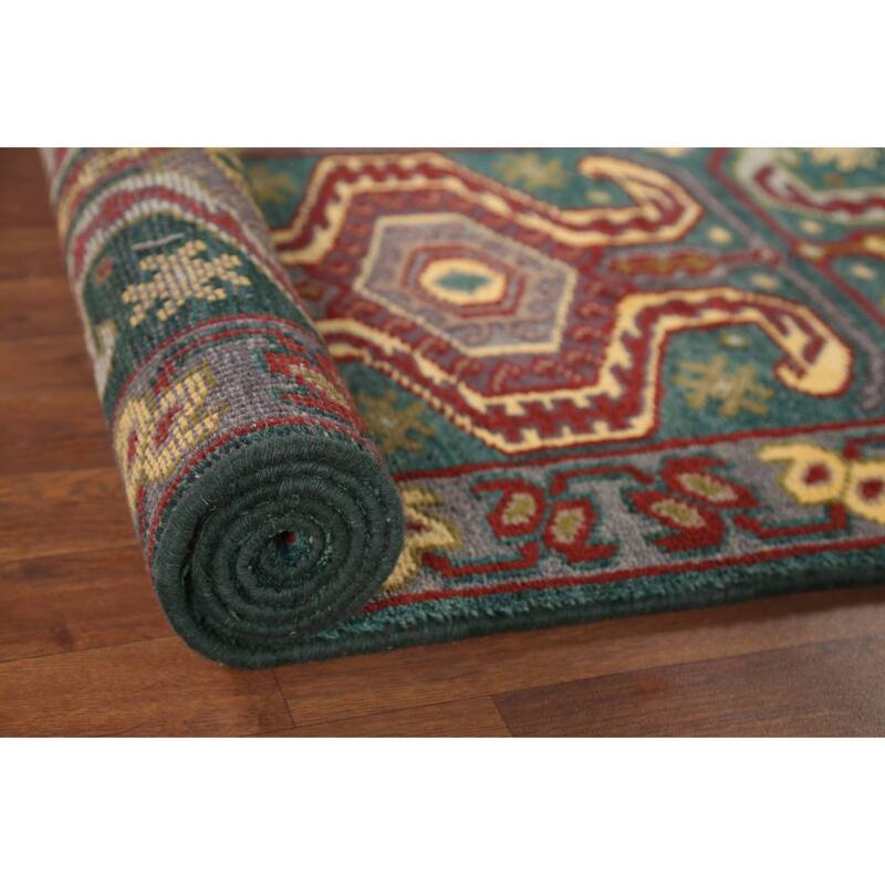 Green Geometric Kazak Runner Rug Hand-Knotted Wool Carpet - 2'5"x 9'8"