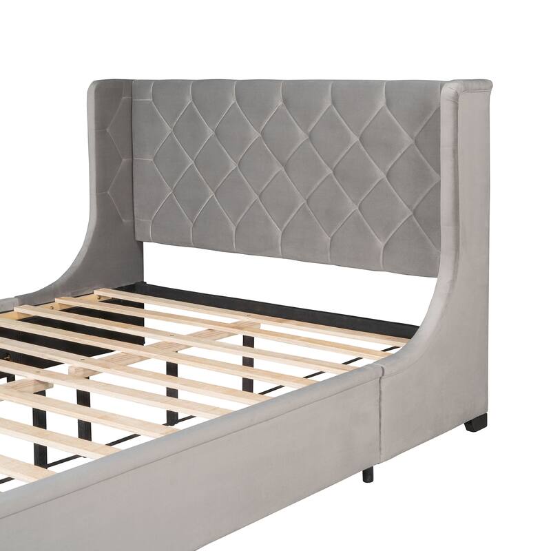 Velvet Upholstered Bed Platform Bed Frame Queen Size Wingback Bed with Tufted Headboard and Large Storage Drawer