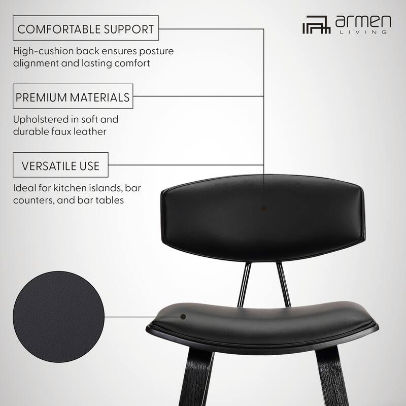 Fox 29" Bar Height Mid-Century Modern Bar Stool, Black Faux Leather and Black Wood