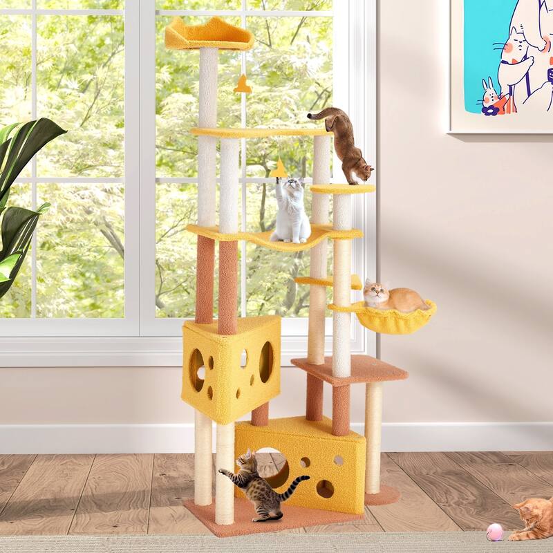 EROMMY Cheese-Shaped Multi-Level Cat Tree Tower with Hammock, Top Perch, and Sisal Scratching Posts
