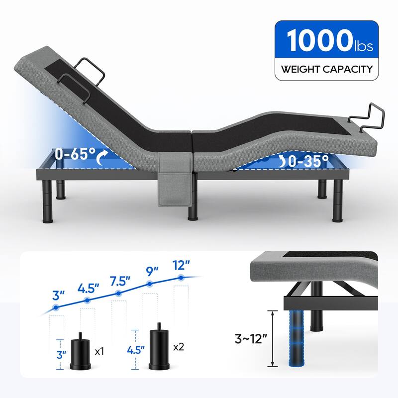 Twin Split King Size Adjustable Bed Base Frame with Massage