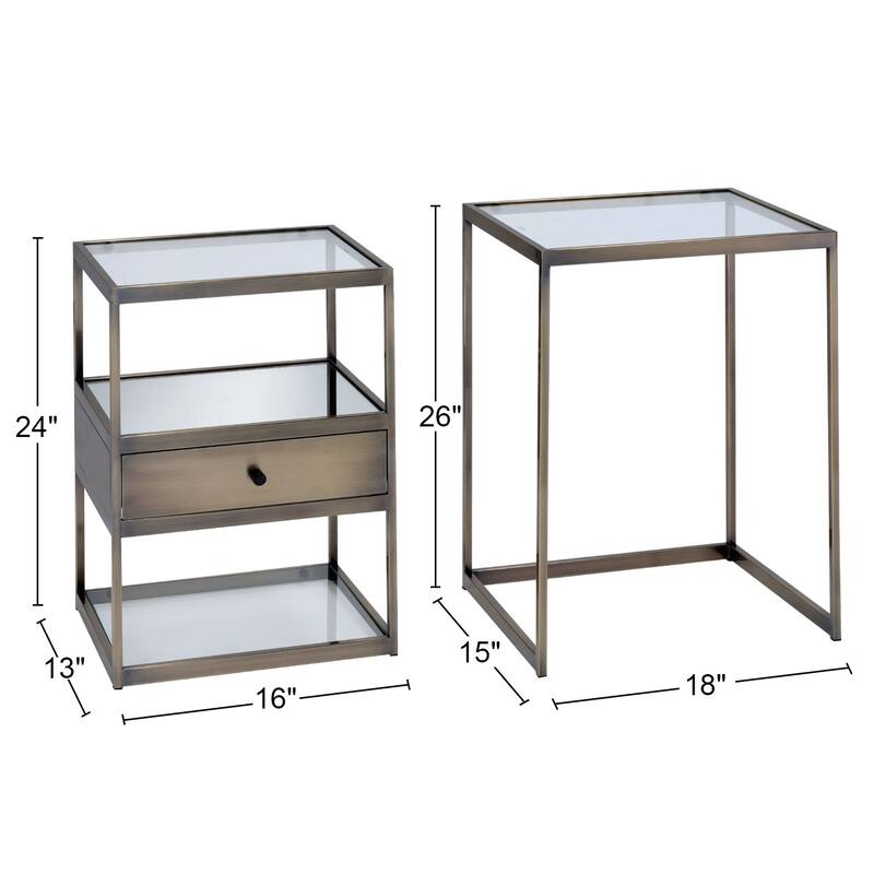 2 Piece Nesting Tables Set in Antique Brass and Clear Glass