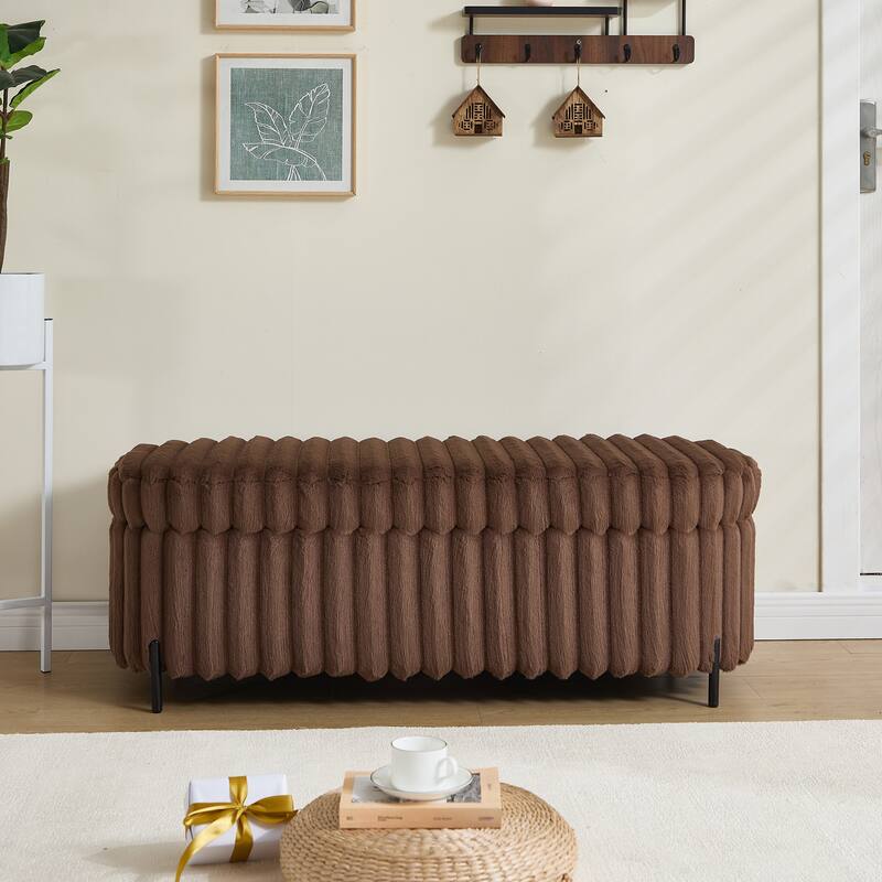 Faux Fur Upholstered End of Bed Bench, Large Flip Top Storage Bench, Curved Ottoman Bench with Adjustable Metal Legs - Brown