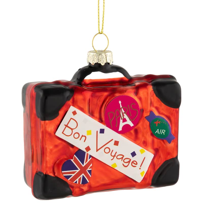 3.25" Shiny Red Bon Voyage Travel Suitcase Christmas Hanging Ornament