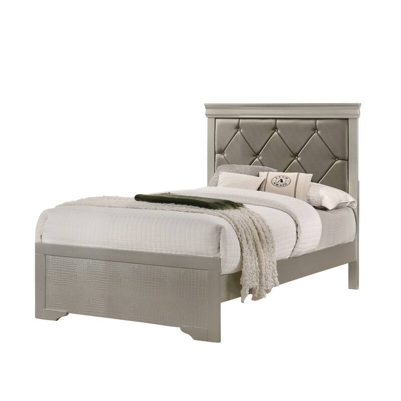 Twin Size Wood Modern Platform Bed with Upholstered Headboard and Crystal Button Tufting - Beige