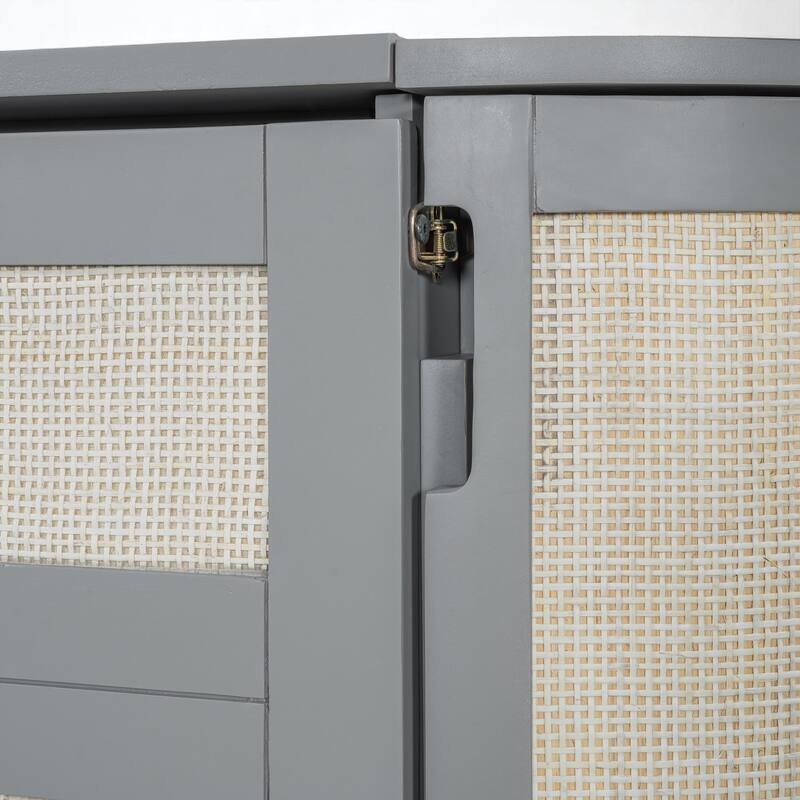 Full/Queen Murphy Bed with Hidden Storage, Rattan Front Drawers and Side Cabinets, Space-Saving Wall Bed