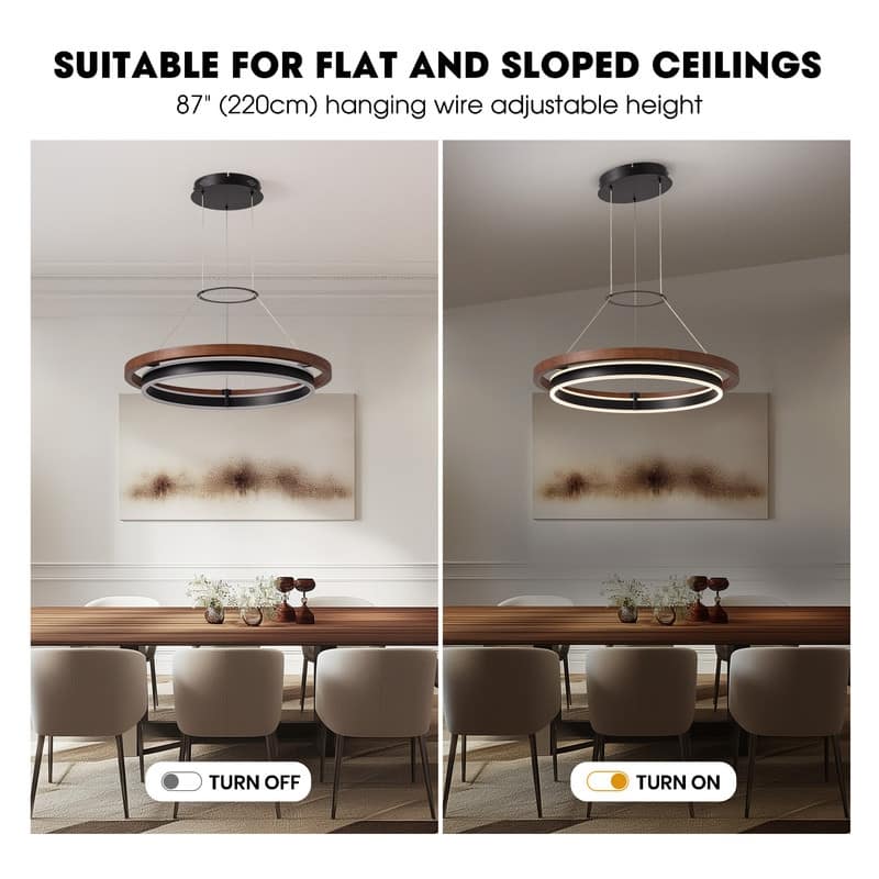 23.6 in. Modern Farmhouse Chandelier 2-Tier Round Ring Walnut LED Wooden Pendant Light for Kitchen Island