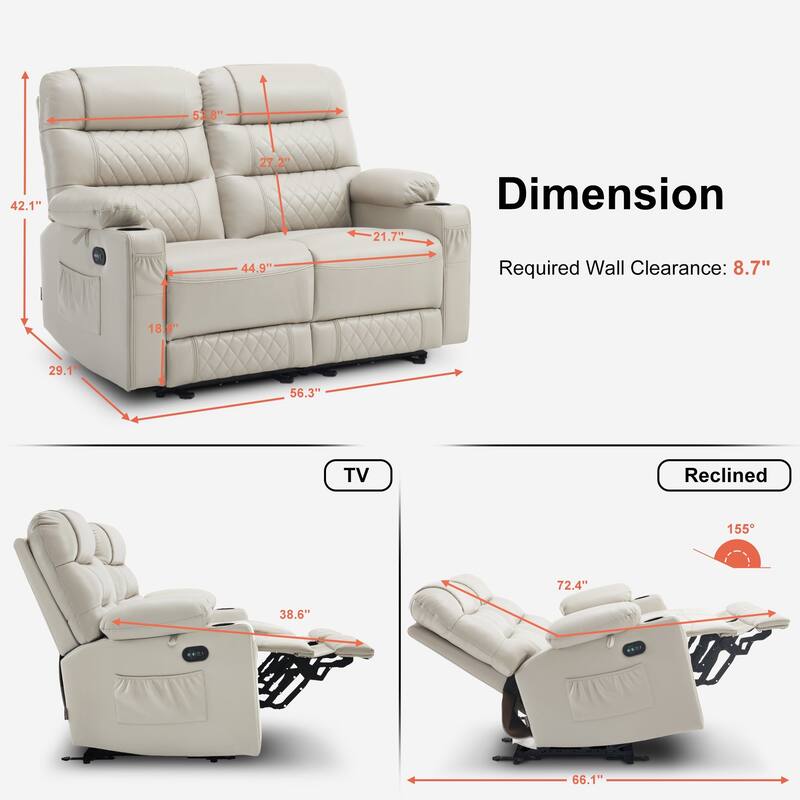MCombo Electric Power Loveseat Recliner, Power Reclining Sofa with Heat and Vibration, USB Ports, Cup Holders PR622