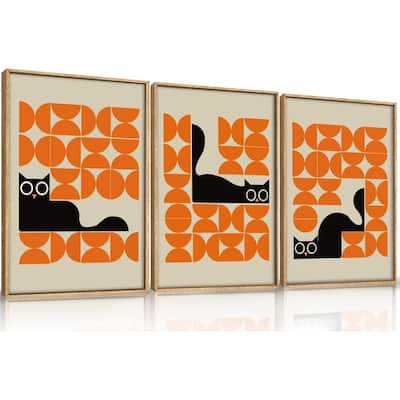 Geometric Black Cat Framed Canvas Wall Art Set