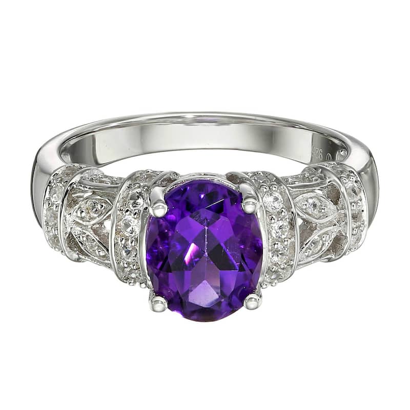 925 Sterling Silver African Amethyst and Created White Sapphire Ring
