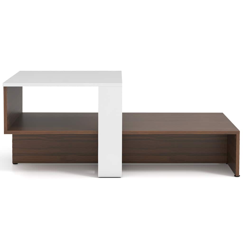 Modern White Brown Wooden Geometric Coffee Table with 2-Tier Storage Shelves for Living Room - 31" x 16" x 13" (L x W x H)