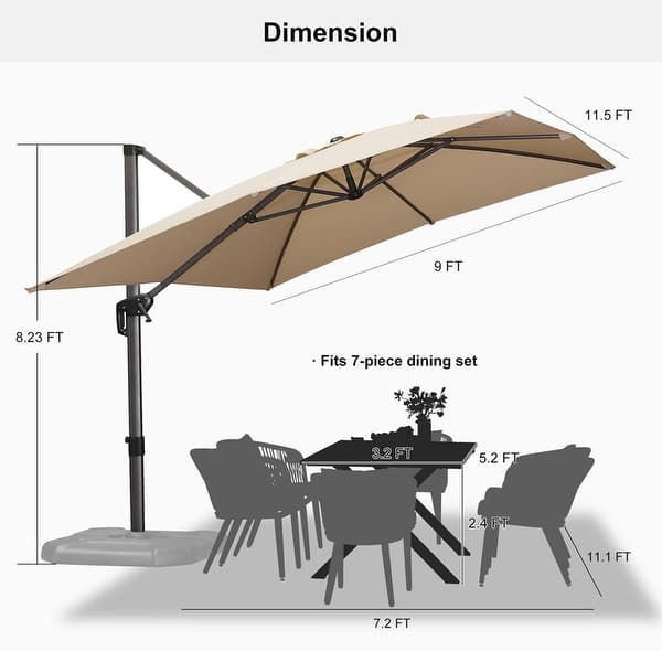 dimension image slide 1 of 2, PURPLE LEAF 9 x 11.5 ft 360 Degree Rotation Patio Cantilever Umbrella