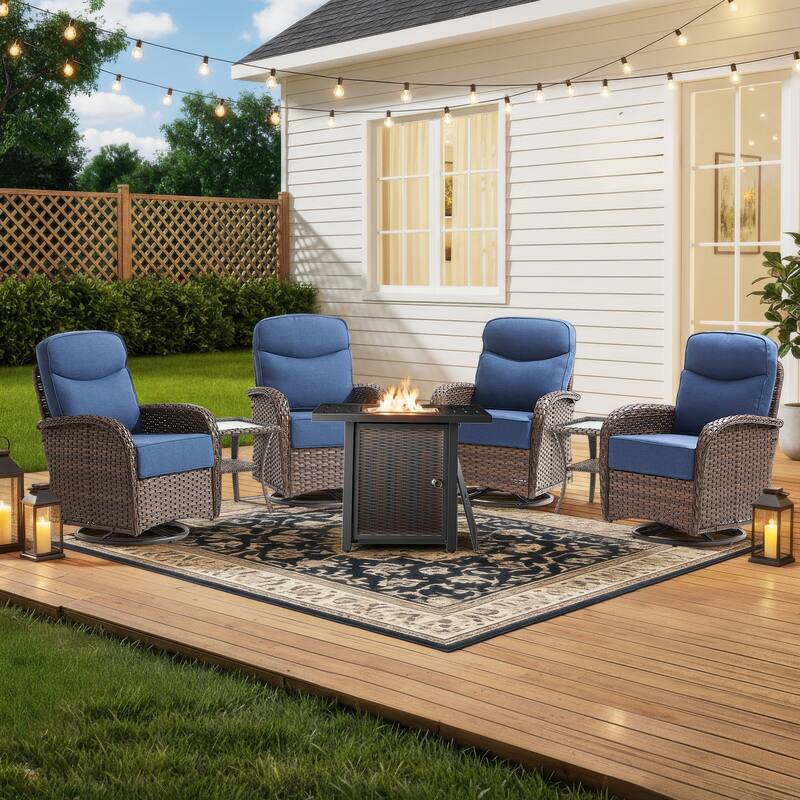 Pocassy Outdoor Sofa Swivel Chair and Ottman with 30in Fire Pit Table - Brown Wicker Blue Cushion - 7-Piece Swivel Chiar with Fire Table