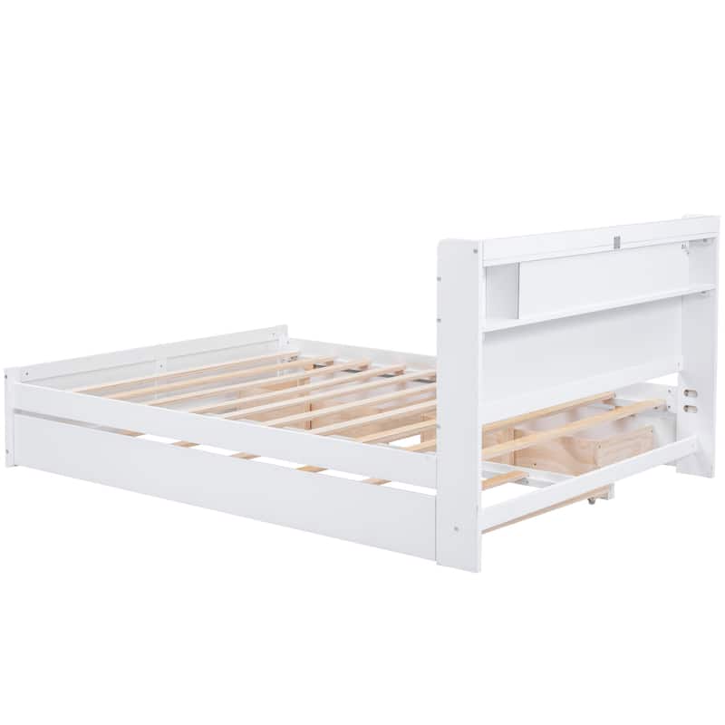 Queen Size Wood Storage Platform Bed with LED, 2 Drawers and 1 Twin Size Trundle, Gray