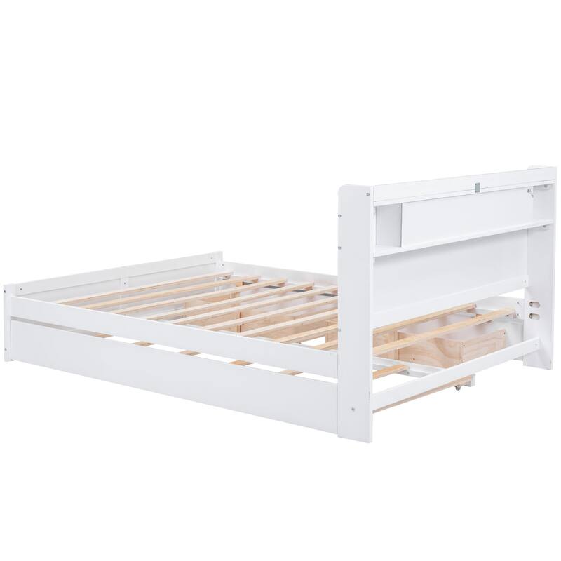 Roomfitters Queen Size Storage Platform Bed with LED Headboard, 2 Drawers and Twin Trundle, Space-Saving