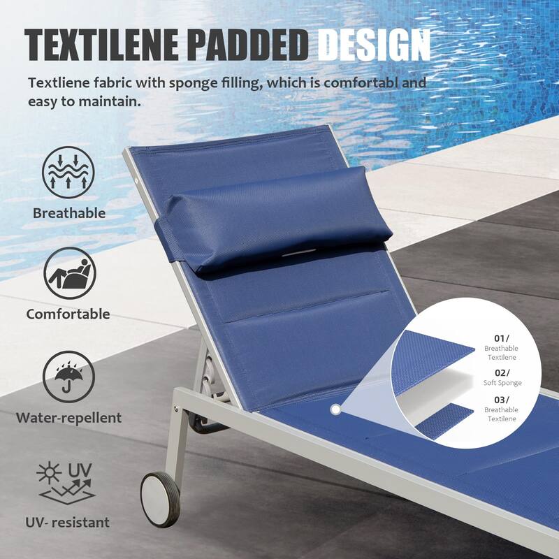 Outdoor Patio Chaise Lounge Set Of 3, Aluminum Pool Lounge Chairs With Side Table And Wheels - Navy Blue