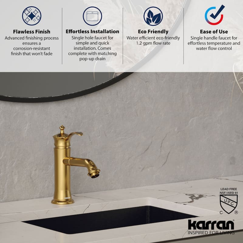 Karran Vineyard KBF470 Single-Handle Single Hole Basin Bathroom Faucet with Matching Pop-up Drain